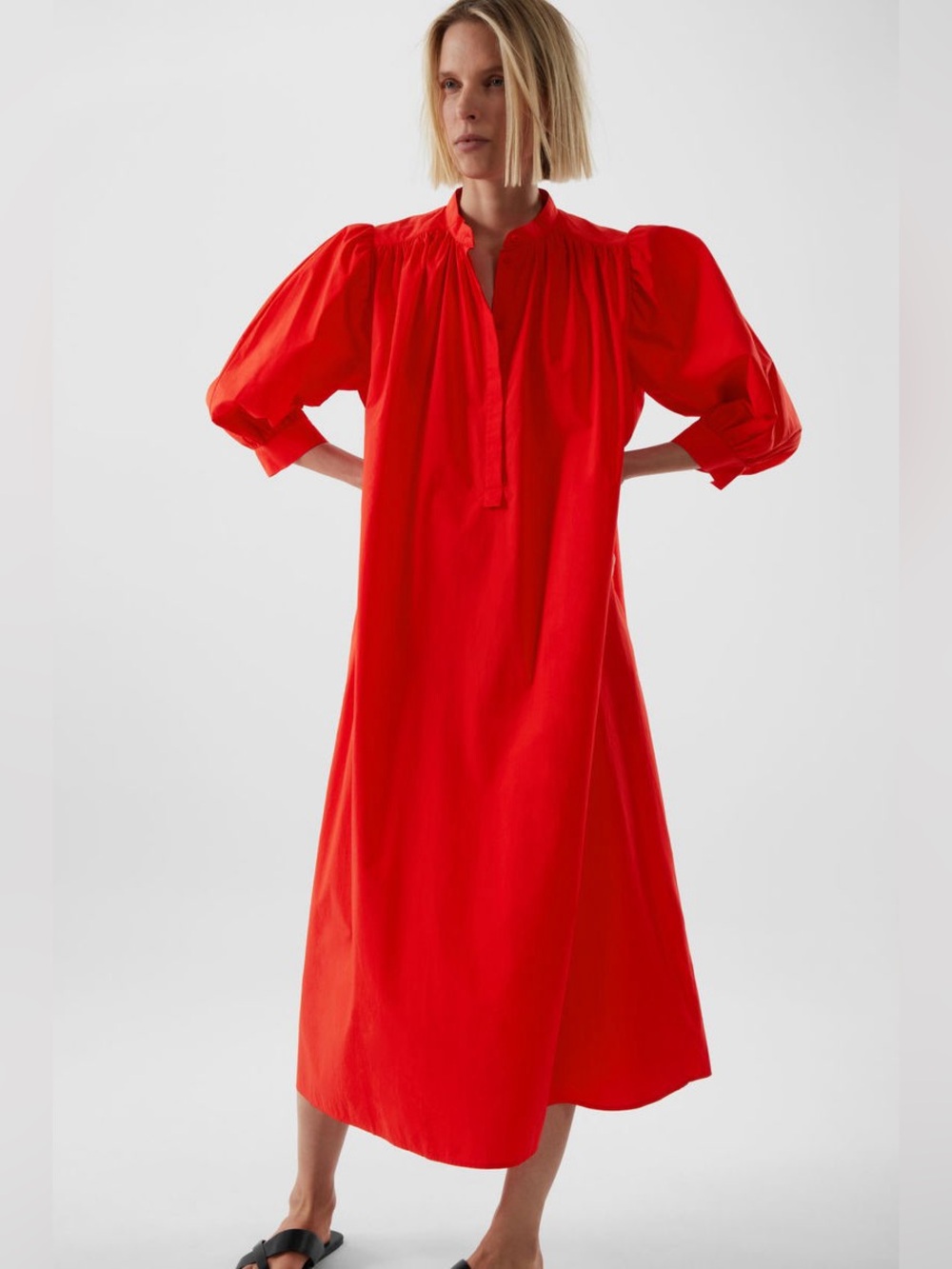 COS Vibrant Red Midi Dress with Puff Sleeves